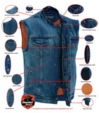 Men's denim motorcycle vest with collar features detail