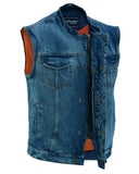 Men's denim motorcycle vest with collar front angle unbuttoned