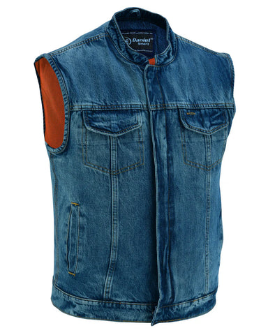 Men's denim motorcycle vest with collar front angle