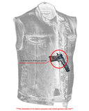 Men's denim motorcycle vest with collar holster detail