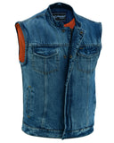 Men's denim motorcycle vest with collar unbuttoned