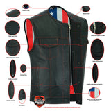 Men's leather motorcycle vest with American flag liner features detail