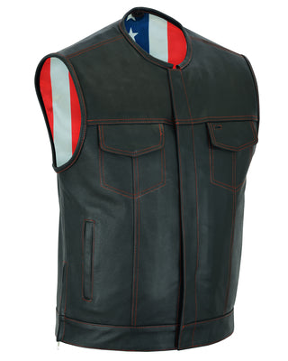Daniel Smart Mfg. model DS155 leather motorcycle vest with American flag lining front angle view