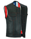 Daniel Smart Mfg. model DS155 leather motorcycle vest with American flag lining front angle open view