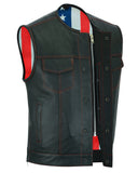 Side-laced leather motorcycle vest with American flag lining front angle unbuttoned