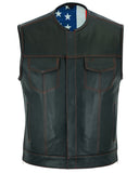 Daniel Smart Mfg. model DS155 leather motorcycle vest with American flag lining front view