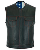 Men's leather motorcycle vest with American flag liner front