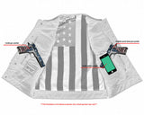 Men's leather motorcycle vest with American flag liner holster detail