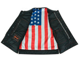 Daniel Smart Mfg. model DS155 leather motorcycle vest with American flag lining inside lining view