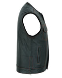 Men's leather motorcycle vest with American flag liner side