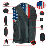 Daniel Smart Mfg. side-laced leather motorcycle vest with American flag lining features