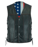 Daniel Smart Mfg. side-laced leather motorcycle vest with American flag lining front view