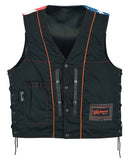Daniel Smart Mfg. side-laced leather motorcycle vest with American flag lining interior pockets