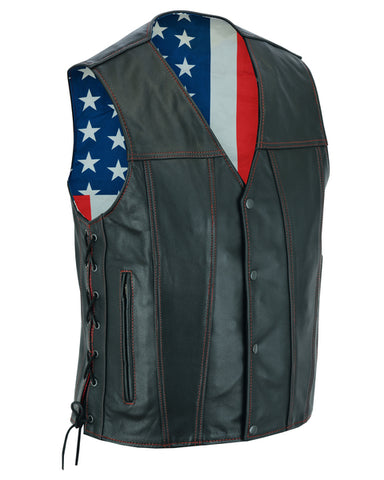 Daniel Smart Mfg. side-laced leather motorcycle vest with American flag lining front angle view