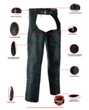 Unisex leather motorcycle chaps with deep pockets DS410 features detail