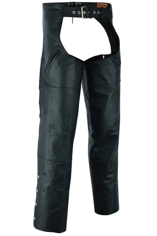 Unisex leather motorcycle chaps with deep pockets DS410 front angle