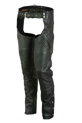 Daniel Smart Mfg. leather motorcycle chaps with deep pockets model DS404 front angle view