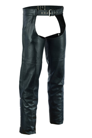 Daniel Smart Mfg. leather motorcycle chaps with jean-style pockets model DS402 front angle view