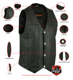 Features on men's leather motorcycle vest with buffalo nickel snaps