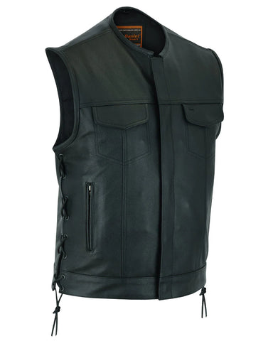 Men's leather side-laced motorcycle vest with upgraded concealed carry pockets front angle