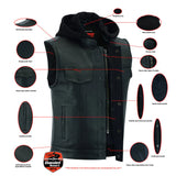 Men's leather motorcycle vest with removable hood features detail