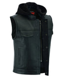 Men's leather motorcycle vest with removable hood unbuttoned