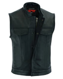 Men's leather motorcycle vest with removable hood front unbuttoned