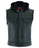 Daniel Smart Mfg. leather motorcycle vest with removable hood front view