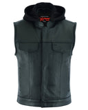 Men's leather motorcycle vest with removable hood front