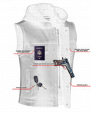 Men's leather motorcycle vest with removable hood pockets detail