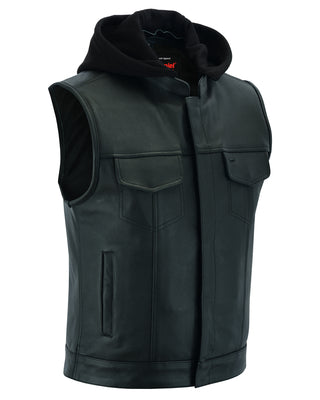 Daniel Smart Mfg. leather motorcycle vest with removable hood front angle