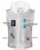 Men's leather motorcycle vest with removable hood front pockets detail