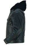 Lightweight distressed lambskin motorcycle jacket side view