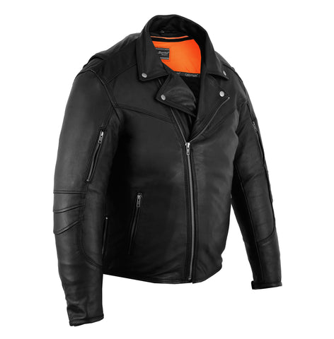 Daniel Smart Mfg. longer length leather motorcycle biker jacket front angle view