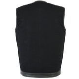 Men's black denim motorcycle vest with leather trim back