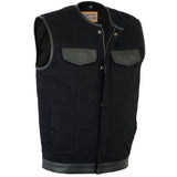 Men's black denim motorcycle vest with leather trim front angle unbuttoned