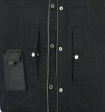 Men's black denim motorcycle vest with leather trim inside pockets