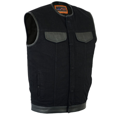 Men's black denim motorcycle vest with leather trim front angle