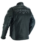 Daniel Smart Mfg. leather motorcycle jacket with reflective skulls back angle