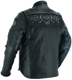 Leather biker jacket with reflective skulls back angle view