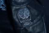 Daniel Smart Mfg. leather motorcycle jacket with reflective skulls design detail