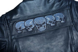 Daniel Smart Mfg. leather motorcycle jacket with reflective skulls back detail