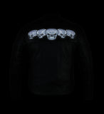 Back nighttime view of leather biker jacket with reflective skulls