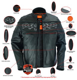 Daniel Smart Mfg. leather motorcycle jacket with reflective skulls features