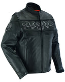 Daniel Smart Mfg. leather motorcycle jacket with reflective skulls front angle