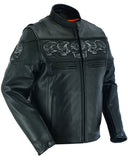 Leather biker jacket with reflective skulls front angle view