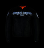 Front nighttime view of leather biker jacket with reflective skulls