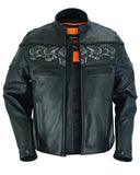 Daniel Smart Mfg. leather motorcycle jacket with reflective skulls front open view