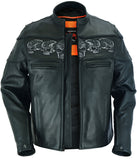 Leather biker jacket with reflective skulls front open view