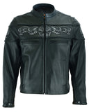 Daniel Smart Mfg. leather motorcycle jacket with reflective skulls front